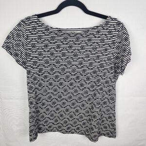 Anthropologie Postmark Top M Womens Shirt Black White Stripe Floral Embroidered